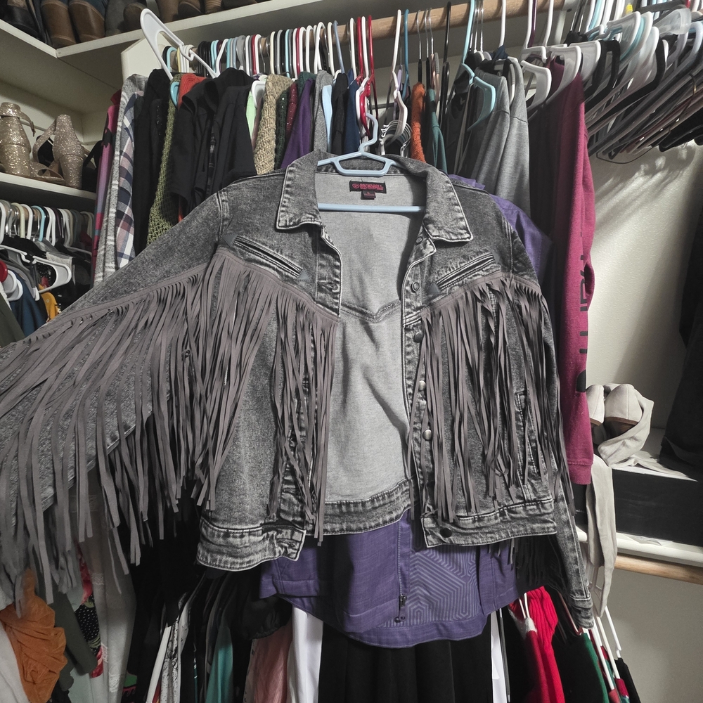 Rock & Roll Cowgirl Gray Fringe Jean Jacket